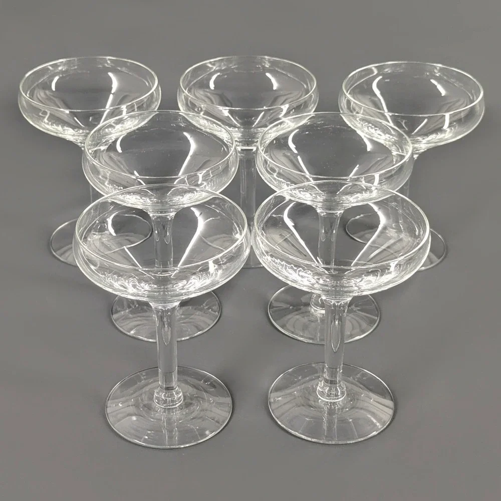 Set of 7 Clear Glass Champagne Coupes Wide Bowl Stemmed Cocktail Glasses